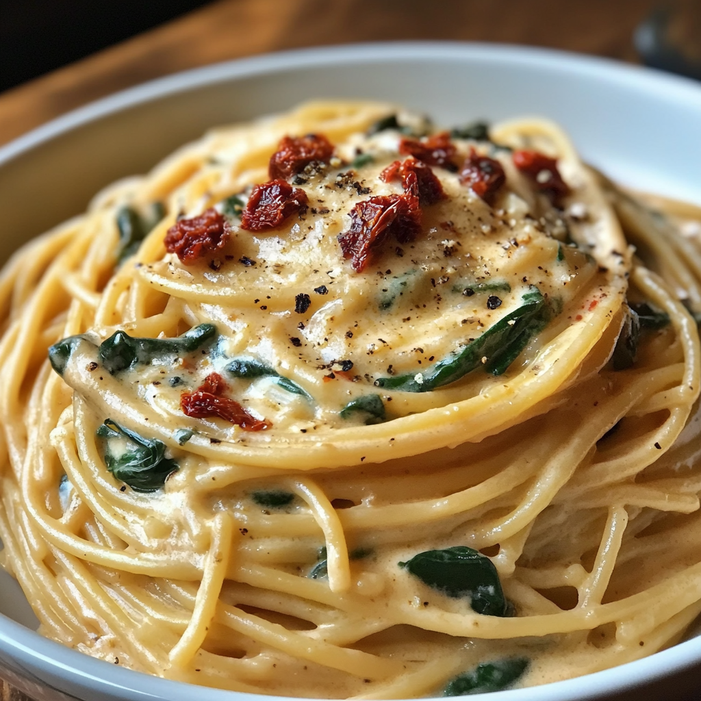 Spinach and spaghetti with cream sauce